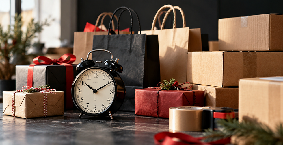 Geschenkpakete, Versandkartons und Wecker symbolisieren die hektische Peak Season im E-Commerce.