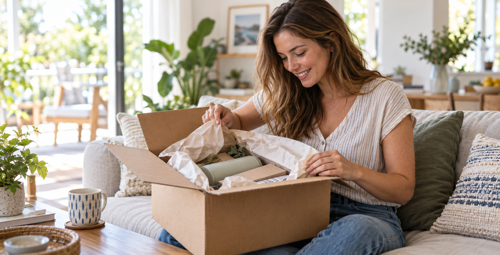 junge-frau-öffnet-paket-mit-online-bestellung-auf-dem-sofa