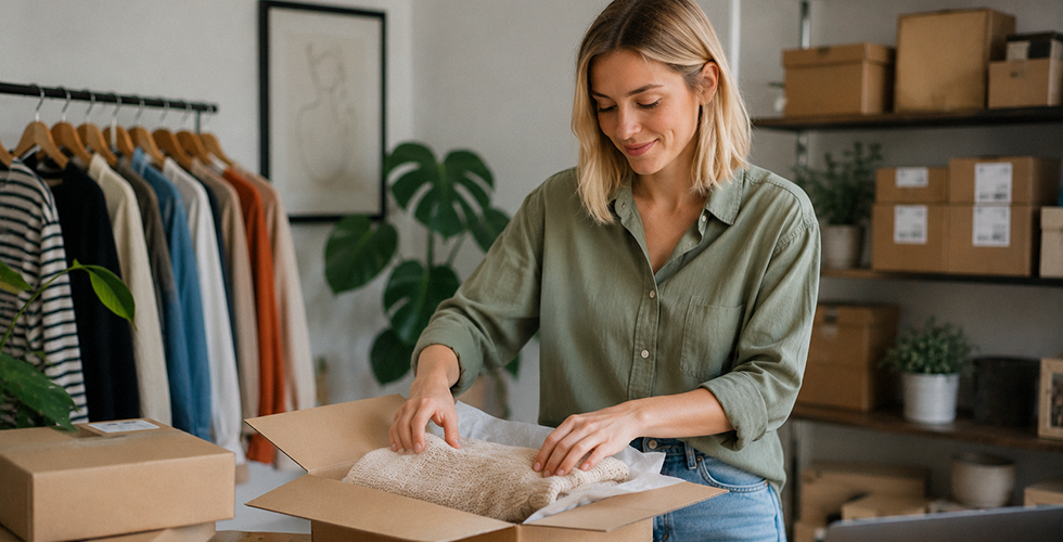 junge-frau-packt-paket-mit-kleidung-im-atelier