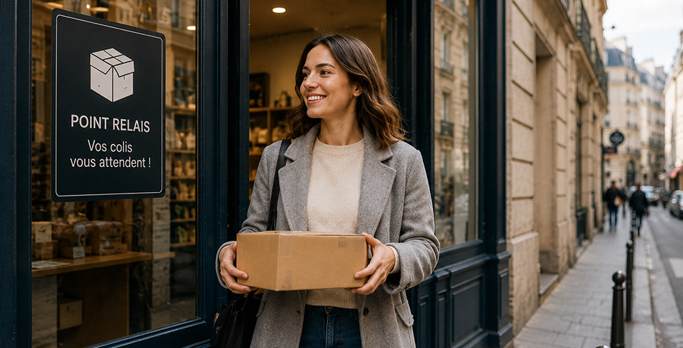 Französische Online-Shopperin nimmt ein Paket an einem Point Relais entgegen – beliebte Zustell- und Abholmethode im französischen E-Commerce.