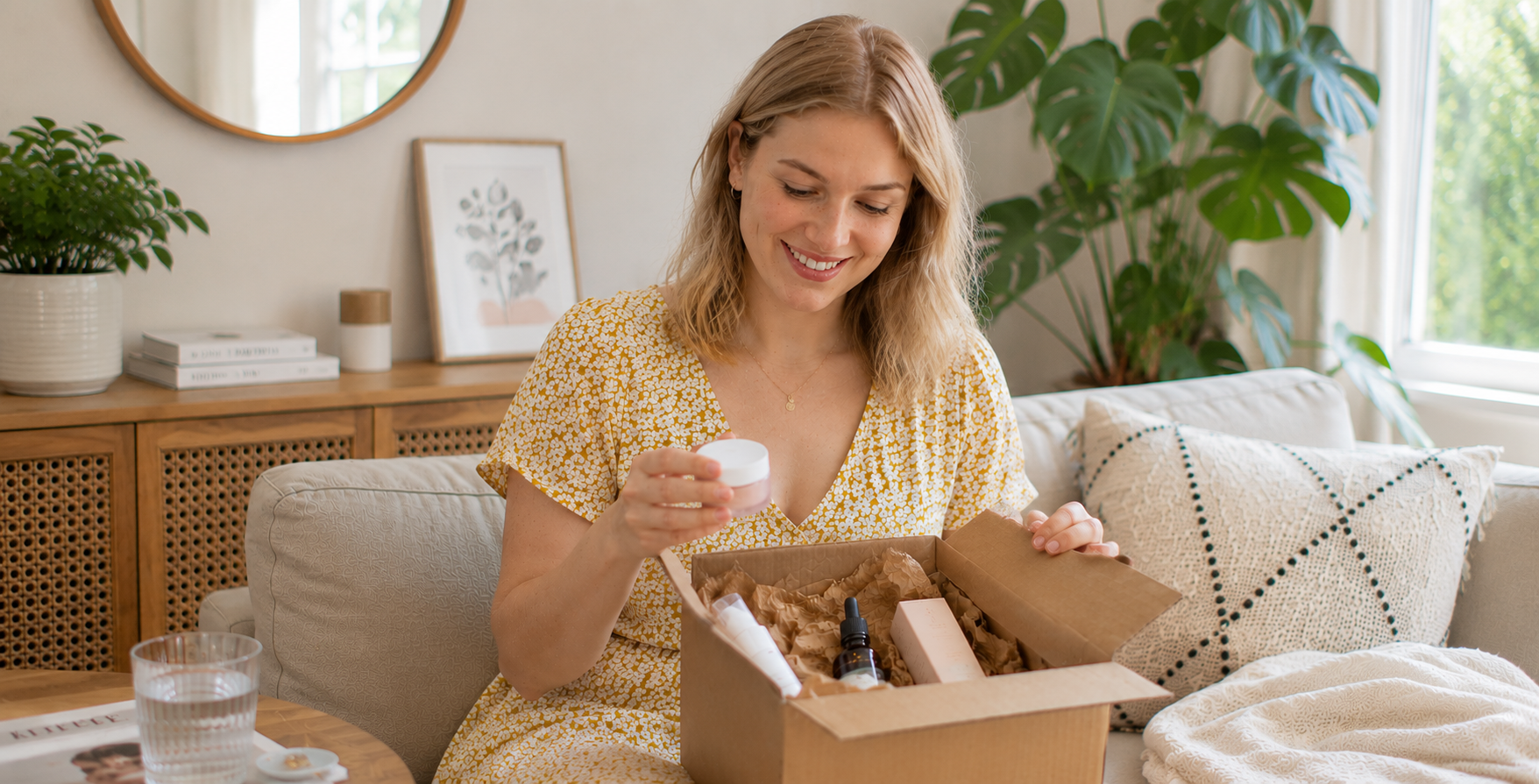 junge-frau-packt-kosmetik-bestellung-aus