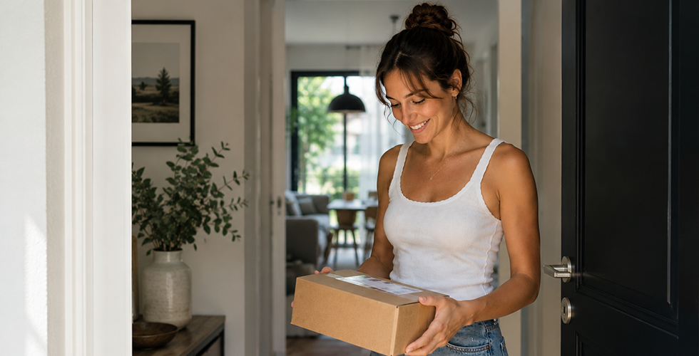 frau-nimmt-paket-an-der-haustür-an