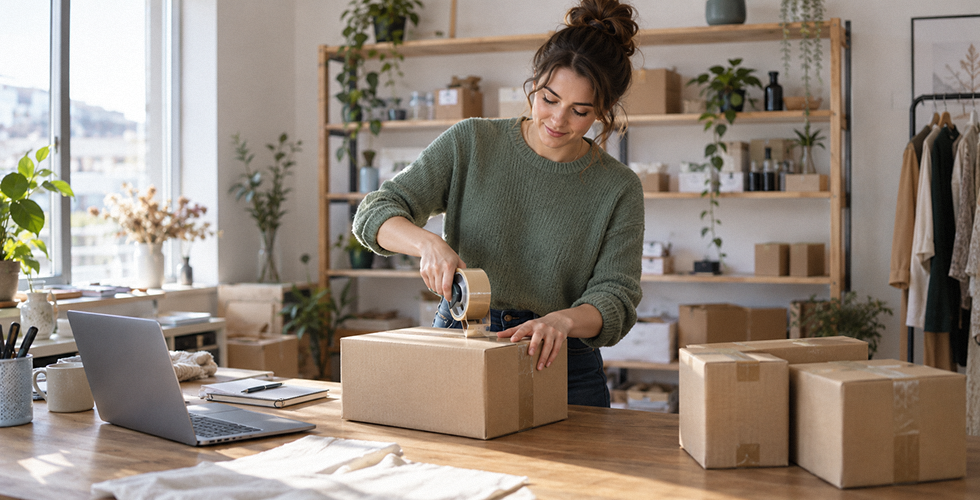 junge-frau-packt-pakete-für-eigenes-startup