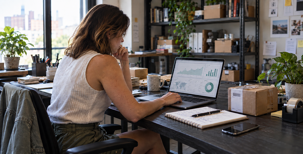 E-Commerce-Händlerin analysiert KPIs am Laptop